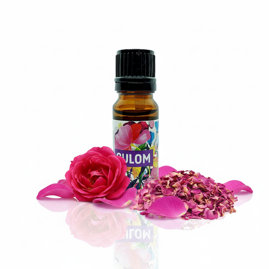 Rose Essential Oil - premium white background with rose petals