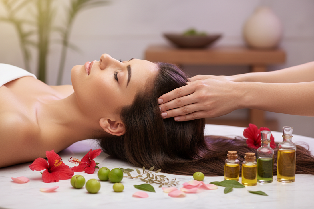 Woman enjoying a relaxing scalp massage surrounded by Ayurvedic botanical ingredients