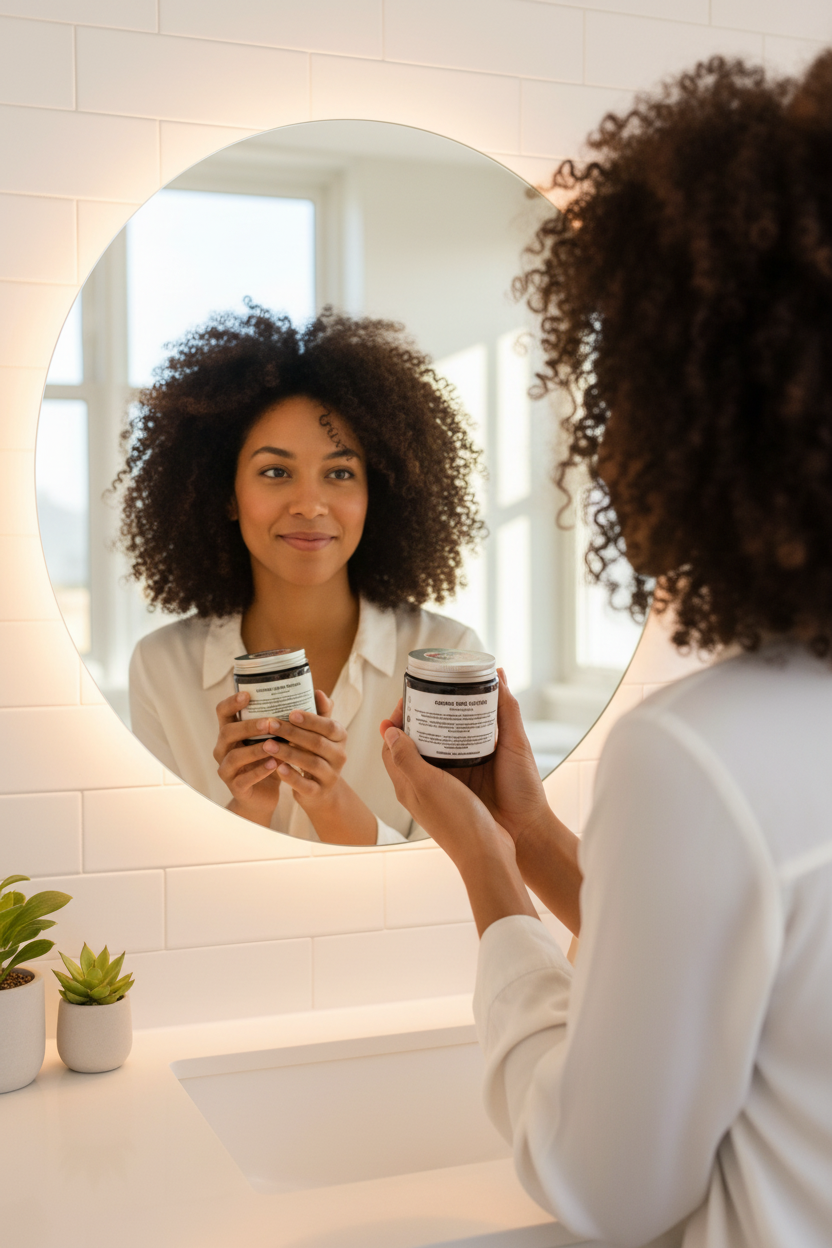 Organic Hair Custard - woman at vanity