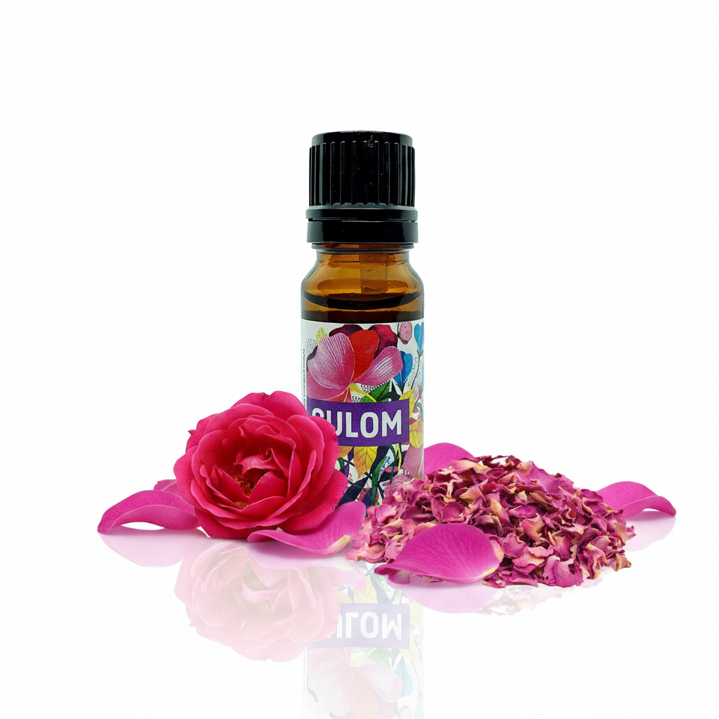 Rose Essential Oil - premium white background with rose petals